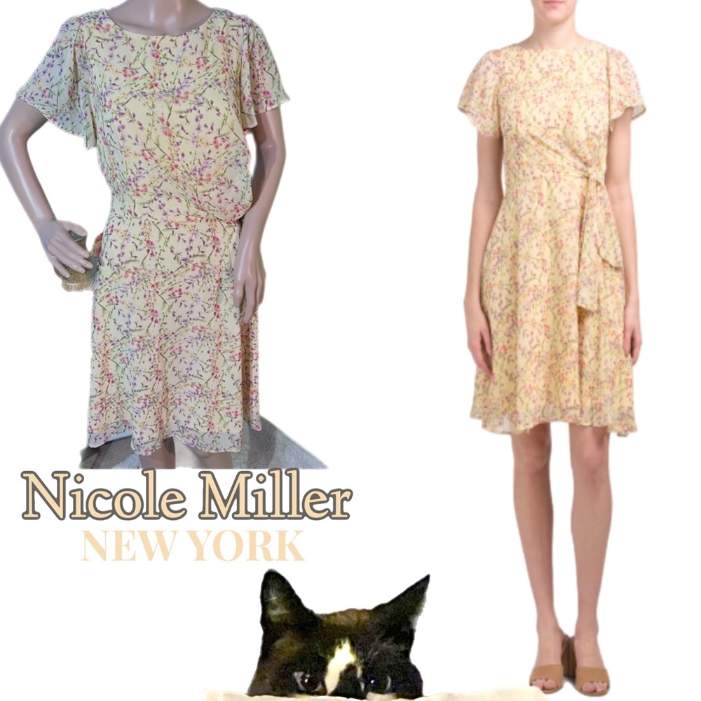 NWT $150 Nicole Miller NY Floral Faux Wrap Dress | Yellow Bright Classic Dress - Picture 1 of 14